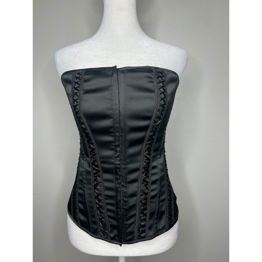 VTG Charlotte Russe Black Satin Lace Up Corset Top Strapless Boned Y2K Size M